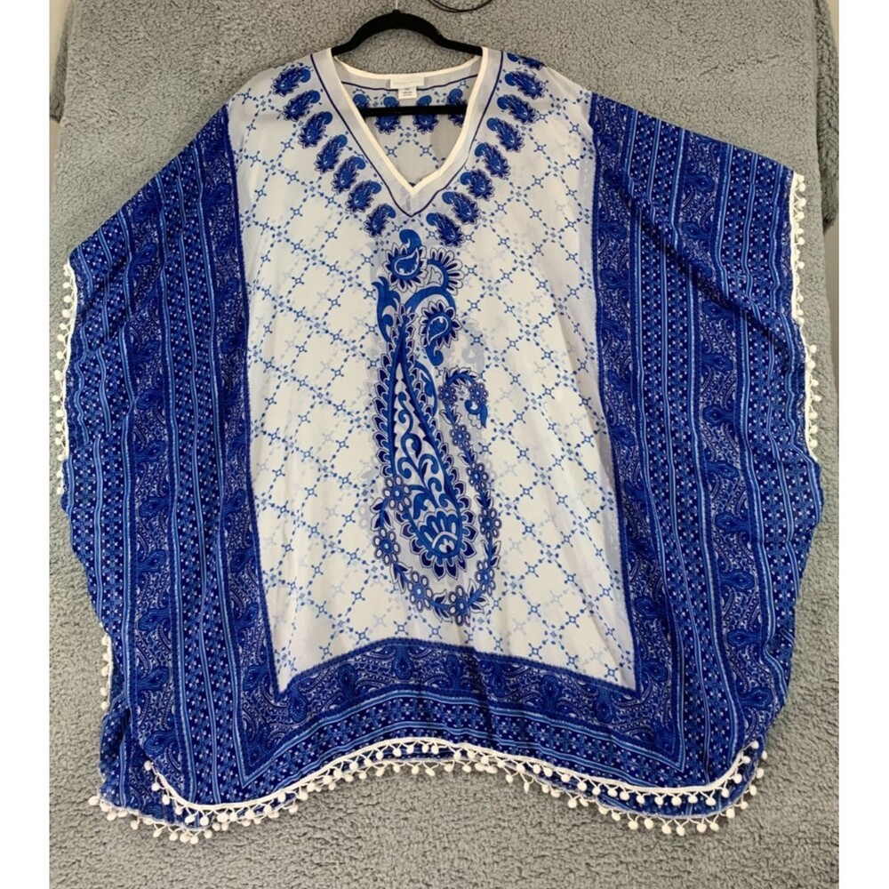 New York & Company Swimwear Poncho Pullover Shawl Blue Paisley